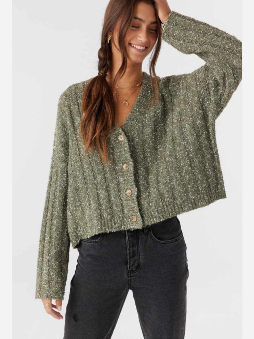 ONEILL Ferris Olive Green Ribbed Knit Long Sleeve Cardigan Sweater NEW Medium